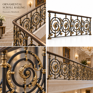 Barandal de Escalera Metálico Ornamental Negro y Dorado con Volteo Circular y Motivos de Hojas Decorativas para Interiores de Lujo - Product Image 5
