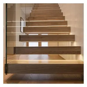 Alucasa vidro de madeira escadas pré-fabricadas, metal reto, vidro de madeira, escadas internas