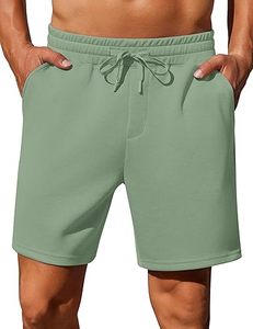 Pantalones Cortos Deportivos para Hombre, Color Verde Sólido, con Cordón Ajustable y Bolsillos Laterales, Estilo Bermuda, Tejido de Algodón Transpirable - Product Image 1