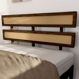 Letto matrimoniale in legno stile bohémien con finitura in noce scuro e rattan, testiera doppia con accenti in legno di pino verniciato - Product Image 5