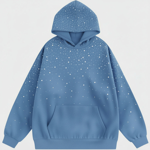 Vente en gros Sweat à capuche streetwear entièrement zippé en coton bouclette délavé à l'acide, thermique, effet soleil éclairé, avec strass personnalisés pour hommes - Product Image 5