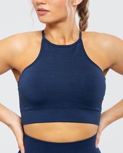 Women Seamless Halter Sports Bra Cut-Out Design High Support Yoga Wear Navy Blue Crew Neck Workout <b>Top</b> Front Logo <b>Plus</b> <b>Size</b> - Product Image 3
