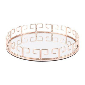 Plateau décoratif rond antique en or rose, miroir, élégant, avec cadre en métal, organiseur en verre, plateau de service pour la décoration de la maison - Product Image 3