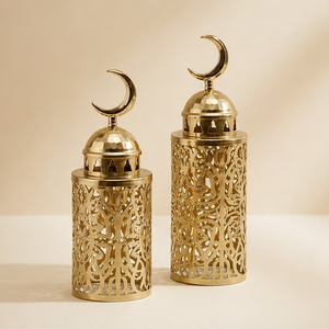 Elegantes Faroles de Metal Dorado para Decoración de Ramadán, Portavelas Árabes Calados, Adornos de Mesa para Eid Mubarak - Product Image 1