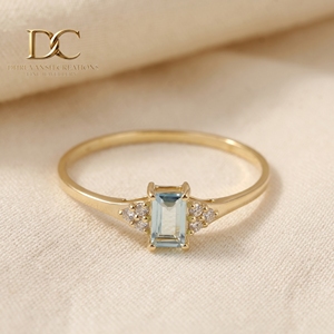 Anillo de Oro Amarillo Sólido de 14 Quilates con Diamante Cultivado en Laboratorio y Aguamarina, Joyería Fina Especial para Mujer - Product Image 4