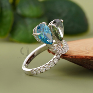 2.63 Carat Pear Cut Blue and Green Lab Diamond Toi et Moi <b>Ring</b> Pave Band 14k Gold <b>Two</b> <b>Stone</b> Unique Luxury Engagement <b>Ring</b> - Product Image 4