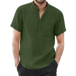Chemise tendance homme 2023 à col montant, décontractée, en polyester/coton tricoté, manches courtes, couleur unie, coupe ample, été - Product Image 2