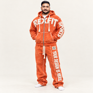 REXFIT SPORTS <b>Men's</b> <b>Orange</b> Stone Washed Front Hoodie <b>Sweatshirt</b> Set Flock Print French Terry Track Pants Custom Design Autumn - Product Image 1