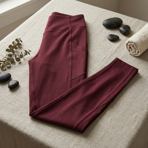 Maroon Color <b>Leggings</b> <b>with</b> <b>Pocket</b> High Waist Full Length Knitted Spandex Polyester Breathable Quick Dry Women's Activewear - Product Image 4