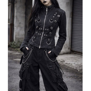 Veste en jean noir délavé pour femme, style gothique emo, punk rock, avec œillets métalliques et boucles, style uniforme - Product Image 2