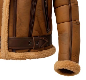 <b>Men's</b> Genuine <b>Leather</b> Bomber <b>Jacket</b> With Faux Fur Lining Windproof Winter Aviator Coat Moto Biker Style Regular Fit - Product Image 3
