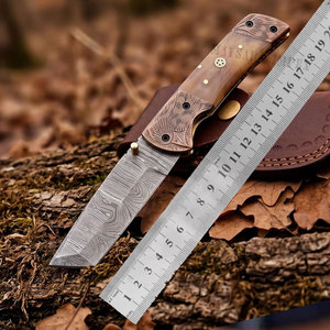 Couteau utilitaire pliant artisanal DIY OEM en acier Damas inoxydable avec bolster en corne de buffle et étui en cuir fin, multifonctionnel - Product Image 6
