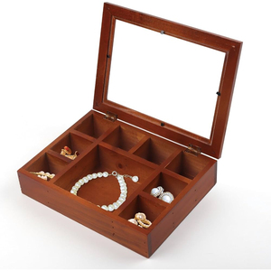 Caja de joyería de madera vintage al por mayor de fábrica con tapa de cristal, logotipo personalizado, organizador de joyas de madera de 9 compartimentos para anillos y collares - Product Image 1