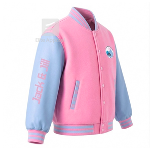Custom Jack & Jill Sorority Racing <b>jacket</b> embroidered logo pink & light blue letterman Style for female <b>with</b> polyester <b>lining</b> - Product Image 2