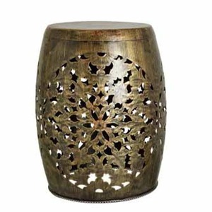 Asian Antique Metal Drum Coffee Table 14x18 Inch Carved Openwork Side Accent Table <b>for</b> Living Room - Product Image 2