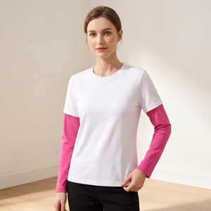Women's <b>White</b> Crew Neck <b>T</b>-<b>Shirt</b> & Pink <b>Long</b> <b>Sleeves</b> Color Blocking Casual Jersey Fabric Regular Fit All Seasons Top Bangladesh - Product Image 2