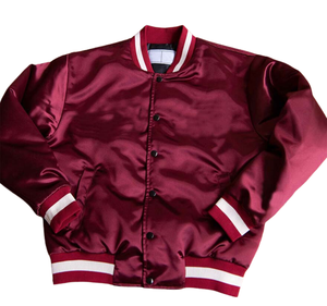 Men's Burgundy Satin Varsity Jacket Regular Fit High Street Style Stand Collar <b>Covered</b> <b>Button</b> Closure Winter Wear Embroidery - Product Image 3