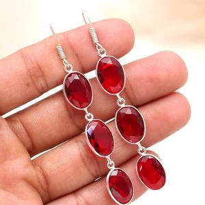 925 Sterling <b>Silver</b> Red Garnet Long Drop <b>Earrings</b>, Oval Cut Multi Stone <b>Dangle</b> <b>Earrings</b>, Natural Garnet Gemstone Jewelry for Wom - Product Image 2