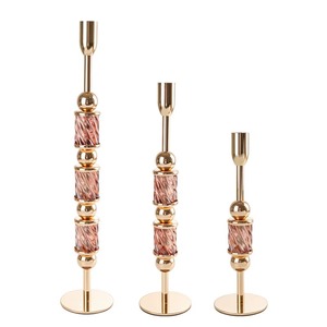 <b>Brass</b> <b>Candlestick</b> Holder Set with Pink Marble Accents for Home Decoration - Product Image 1