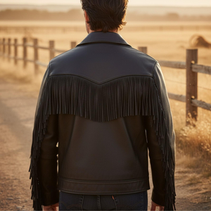 Men's Black Leather <b>Jacket</b> With Fringe Turn-down Collar Vintage <b>Western</b> Style Regular Fit Autumn Wear - Product Image 4