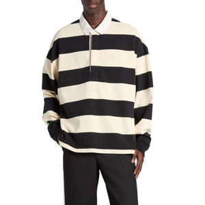 Custom Men's Embroidery Patch Logo Knitted Rugby Shirt Casual Oversized Long Sleeve 100% Cotton Breathable Striped <b>Polo</b> - Product Image 2