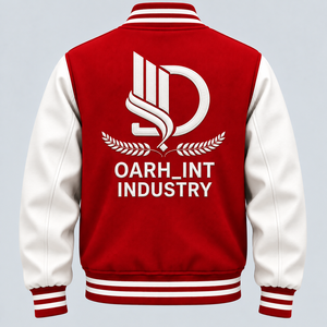 เสื้อแจ็คเก็ตวาร์ซิตี้สีแดงสำหรับผู้ชาย OARH_INT INDUSTRY พร้อมปักโลโก้ตามสั่ง ปิดกระดุมด้านหน้า สวมใส่สบายๆ ในฤดูใบไม้ร่วง - Product Image 2