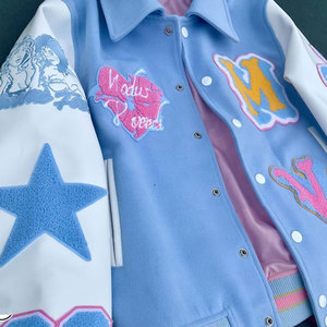 2026 New Blue Varsity <b>Jacket</b> With Embroidered Logo And Lettering Preppy Style Regular Fit Spring Wear - Product Image 4