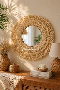 CERMIN RUMBAI SISAL Natural Sisal Round Wall Mirror Handmade Woven <b>Frame</b> Boho Decorative Mirror Eco Friendly Home Decor Whole - Product Image 2