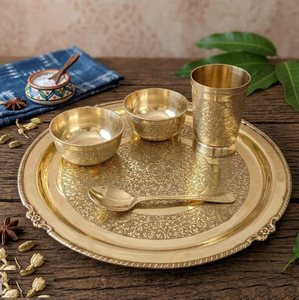 Home Hotel Restaurant Use Traditional Dinner <b>Serving</b> <b>Set</b> Handmade Engraved Design Brass Metal Thali Dinner <b>Set</b> - Product Image 3