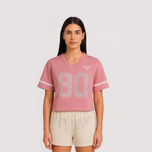 Maillot de football court personnalisé pour femme avec strass, numéro scintillant, en maille rose, style crop top sportif - Product Image 2