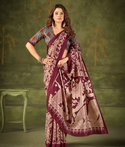 <b>Indian</b> Traditional Casual Saree Kalamkari Print Tussar Silk Fabric Recycled Materials for Daily Wear Women Comfortable Fancy - Product Image 1