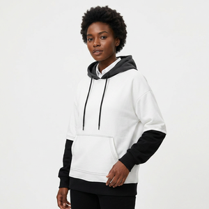 <b>Men's</b> <b>White</b> Hooded <b>Sweatshirt</b> With Black Sleeve And Hem Casual Knitted Pullover Regular Fit Solid Color Autumn Wear - Product Image 4