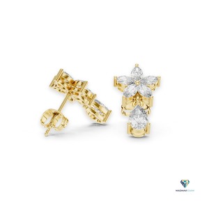 Boucles d'oreilles pendantes florales en or jaune 14 carats avec diamants de laboratoire taille marquise et poire, 1,7 carat au total - Product Image 2