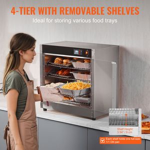 Scaldavivande professionale a 4 livelli in acciaio inox con vassoio per acqua, ripiani regolabili, controllo manuale della temperatura, doppia porta in vetro, 4 vaschette - Product Image 4