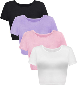 Top Corto para Mujer, Manga Corta, Cuello Redondo, Color Sólido, Tejido Informal, Corte Ajustado, para Todas las Temporadas, Blanco, Rosa, Negro, Antiarrugas, con Logotipo - Product Image 1