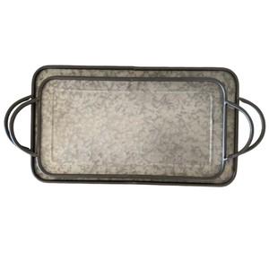 Set of 2 <b>Rustic</b> Galvanized Metal Oval Serving Trays with Comfortable Wood Handles for Home Decor <b>Coffee</b> <b>Table</b> Centerpiece - Product Image 6