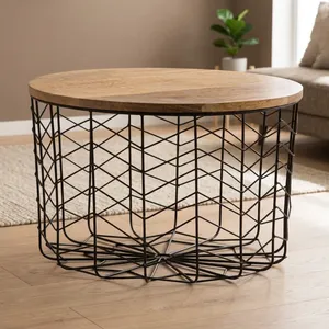 <b>Metal</b> Wire <b>Basket</b> with Lid Black <b>Metal</b> and Wooden Round <b>Storage</b> <b>Basket</b> for Fruit Vegetable Kitchen Pantry Bathroom Organizer - Product Image 5