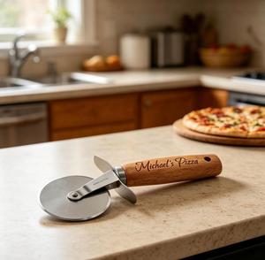 Personalized Stainless Steel Pizza Cutter with Wooden Handle and <b>Leather</b> Sheath - Product Image 2