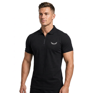 Men's Black Fit Short Sleeve Polo <b>Shirt</b> With Zipper Collar Casual Knitted Solid Color <b>T</b>-<b>Shirt</b> - Product Image 2