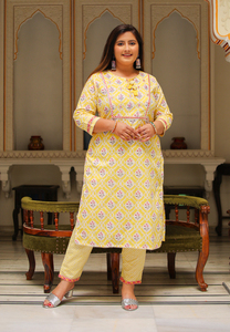 Lehariya Kurti <b>Pant</b> Dupatta Set Cotton Floral Embroidered Yellow Round Neck <b>Three</b> <b>Quarter</b> Sleeve Plus Size Women Wholesale - Product Image 1