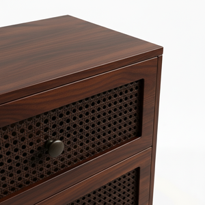 Table d'appoint moderne à 2 tiroirs, écologique, avec 5+ compartiments, porte à battants, en bois de caoutchouc, MDF, placage de chêne et détails en rotin pour salon - Product Image 6