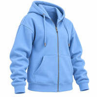 Sweat à capuche zippé de qualité supérieure bleu clair pour femme, en polaire, avec cordon de serrage, poche kangourou et épaules tombantes
