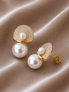 Luxury Gold Plated Pearl <b>Stud</b> Drop <b>Earrings</b> <b>Crystal</b> Pave Fan Design Orthodox Trendy Elegant Jewelry Women Party Gift - Product Image 5