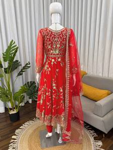 Luxury <b>Red</b> Georgette Anarkali Suit Heavy Gold <b>Sequin</b> & Zari Embroidery Bridal Gown 3-Piece Indian Wedding Party Wear Dress wear - Product Image 4