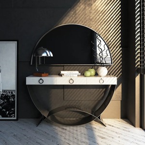 Table console convertible Art déco moderne blanche avec 3 tiroirs de rangement et base en métal noir en forme de croissant unique pour entrée d'hôtel - Product Image 1