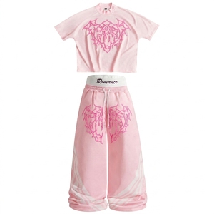 Women's Custom Embroidered Lightweight Solid Oversized <b>Crop</b> <b>Top</b> Wide Leg Jogger Pants Set Streetwear Spring Wear Elastic Waist - Product Image 2