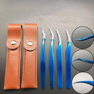 Pince à épiler durable en acier inoxydable RMI, 10 mm, pointe lisse, revêtement couleur plasma bleu, pince à épiler simple, pochette en cuir couleur marron - Product Image 1