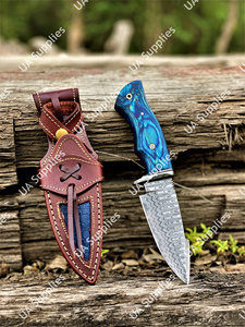 Cuchillo táctico de hoja fija de acero de Damasco hecho a mano, superventas, para caza y camping, con mango de madera Pakka y bisel OEM - Product Image 2