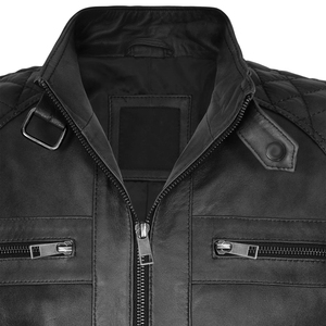 Veste en cuir pour homme, classique, en cuir véritable, veste de motard, fermeture éclair intégrale, col montant, chaude, hiver, décontractée - Product Image 5