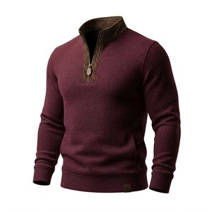 Pull tricoté pour homme de couleur unie, col zippé, en maille torsadée épaisse, style professionnel, vente en gros - Product Image 1